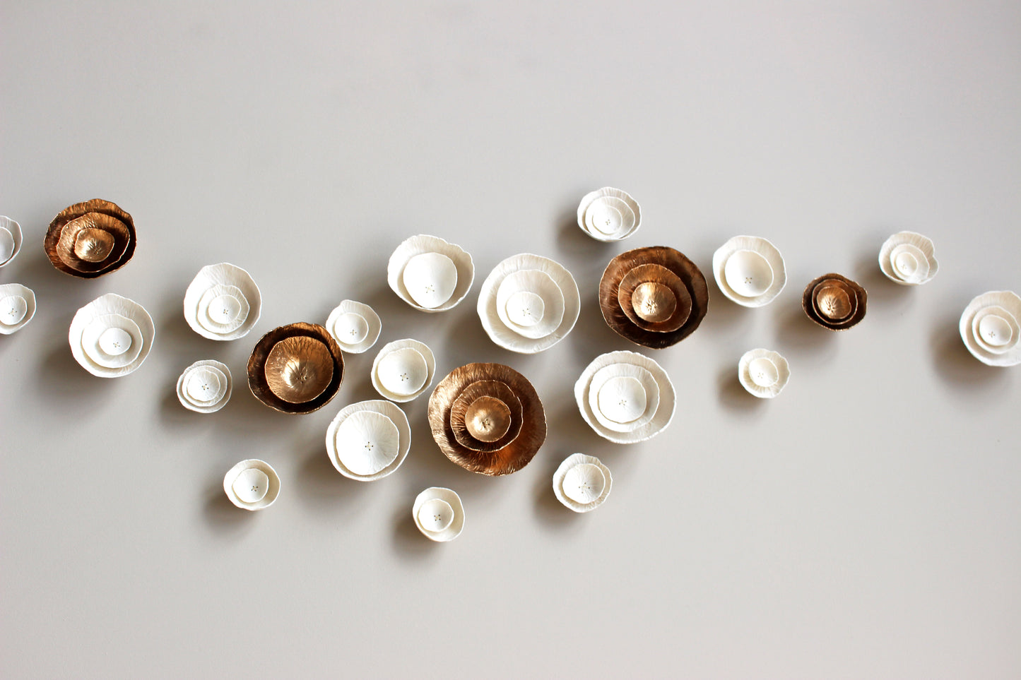 Abstract 3D artwork Extra large wall art Flora Original sculpture 26 ceramic porcelain handmade Gold and white Rose flower Modern Japandi minimal