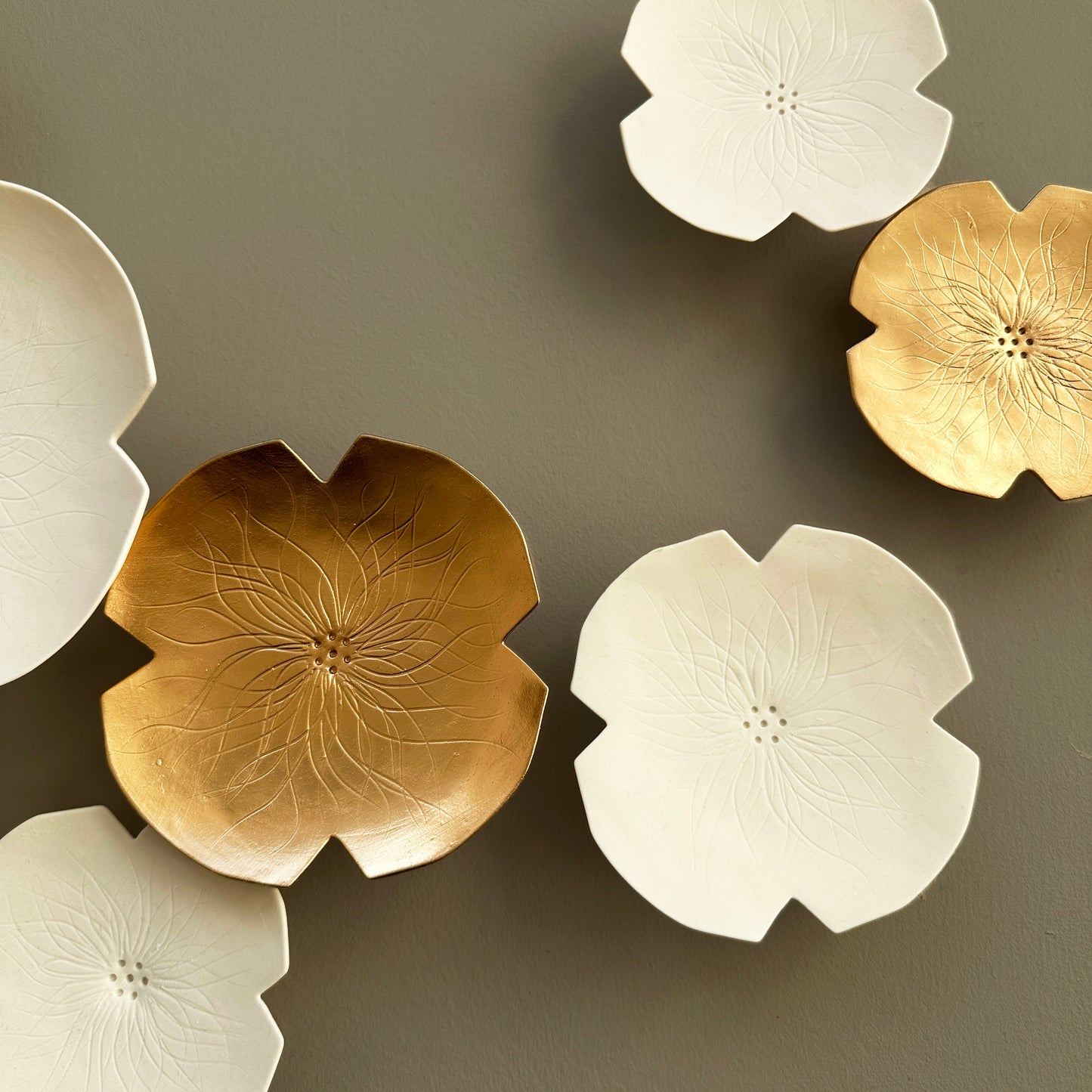 Grace Flower Original Ceramic 3D wall art set of 12 porcelain white and gold floral sculptures Handcrafted contemporary modern quiet luxury abstract art