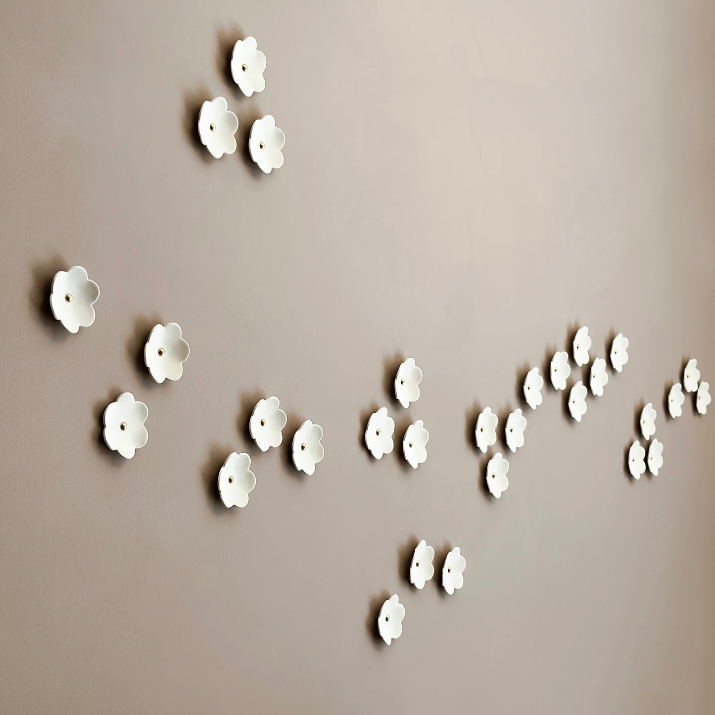 Cherry Blossom - 15 white porcelain wall art flowers with golden studded centres