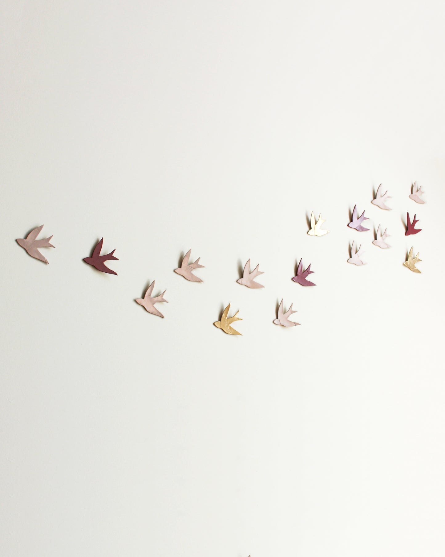 Wall sculpture art - Swallows at Dusk - 16 Pink & Gold Handmade Porcelain birds