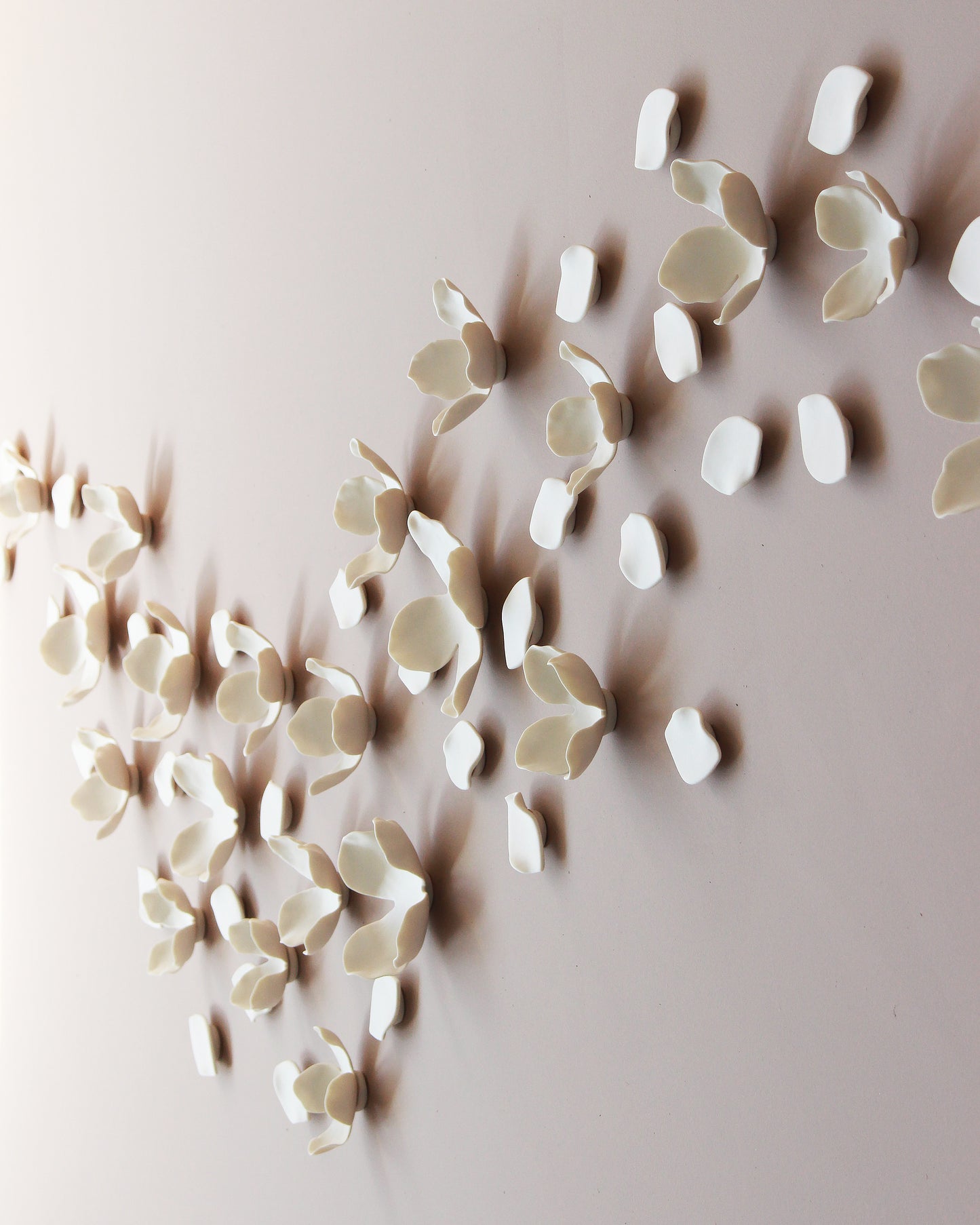 White Porcelain Flower and Petal Wall Sculpture - Handmade Ceramic Garland and Blossom set of 55