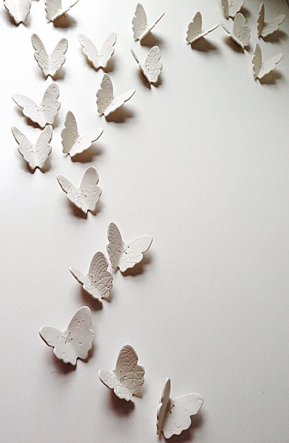 Ceramic wall art set 3D butterfly original artwork 15 handmade White porcelain & silver butterflies with lace texture steel wire home decor