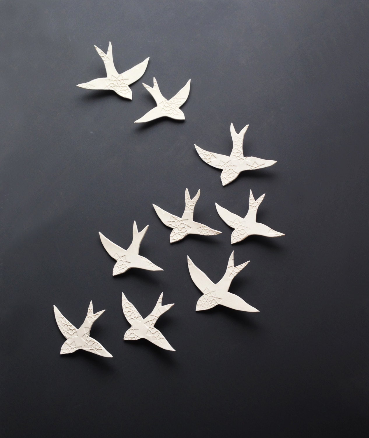 Original artwork Large wall art Swallows over Morocco Porcelain ceramic wall hanging sculpture Set of 9 birds Living room Bathroom Bedroom