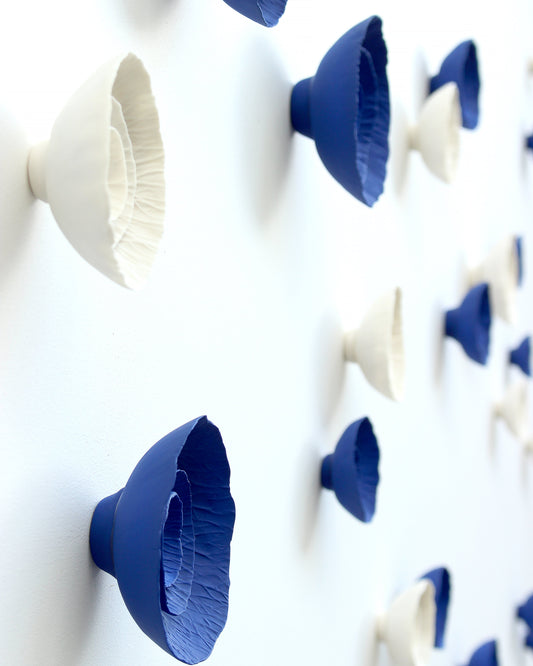 Bespoke Ceramic Wall Art 'Flora' installation with custom blue and white colours
