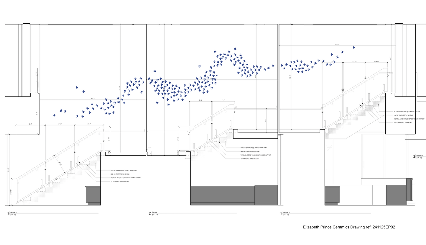 Art installation - birds wall art going up stairwell, scale plan to show location and design of artwork, by Elizabeth Prince Ceramics