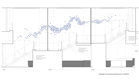 Art installation - birds wall art going up stairwell, scale plan to show location and design of artwork, by Elizabeth Prince Ceramics