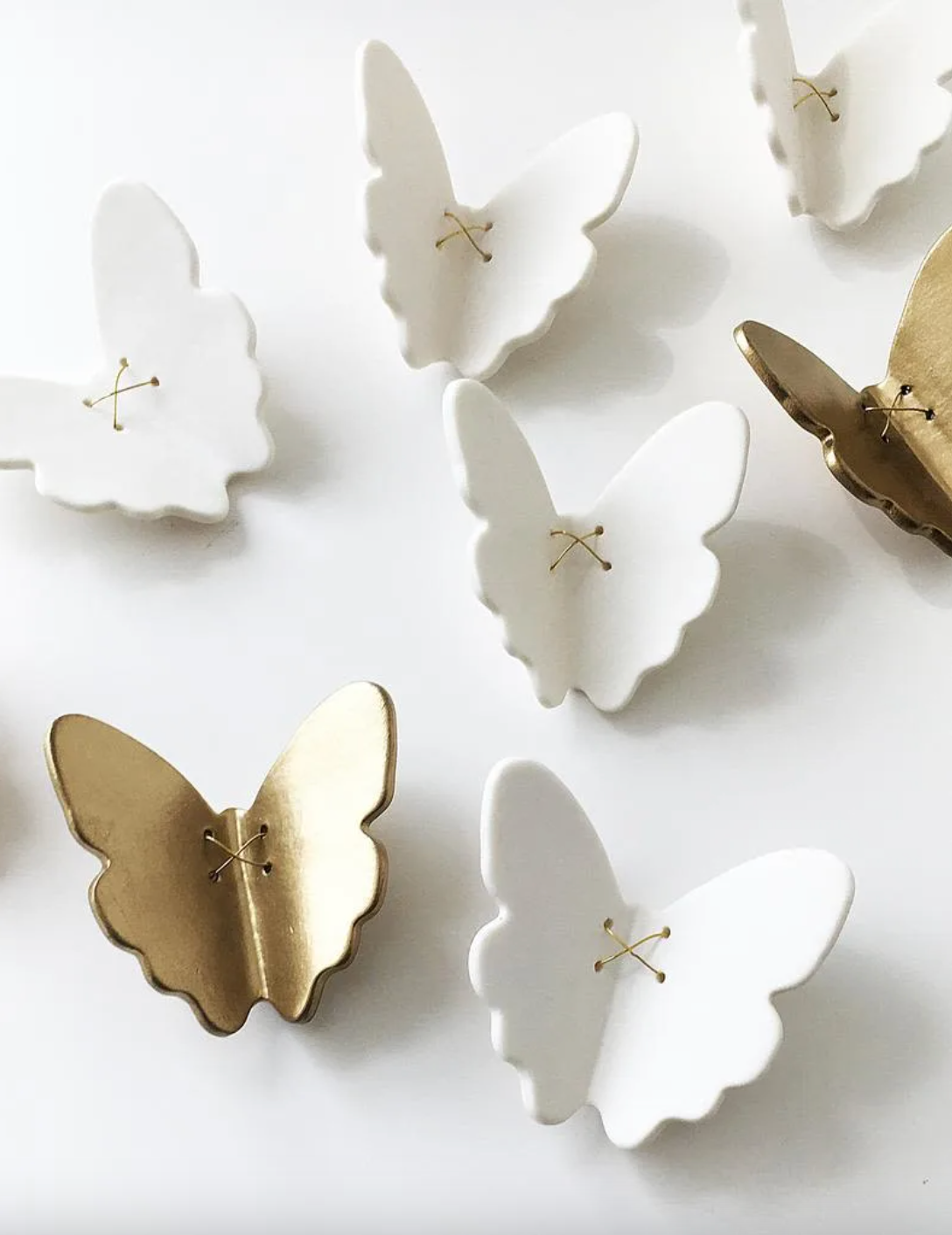 3D Set of 22 Ceramic Butterflies Finished in a Mix of Light Green, Dark Olive and White Porcelain
