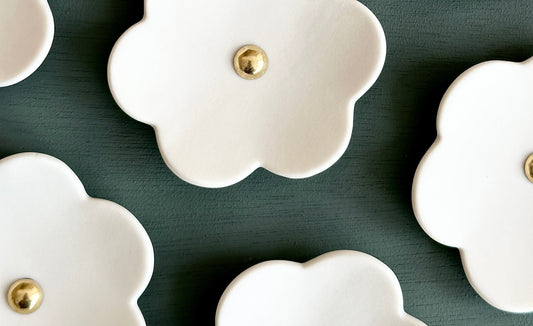 Cherry Blossom - 15 white porcelain wall art flowers with golden studded centres