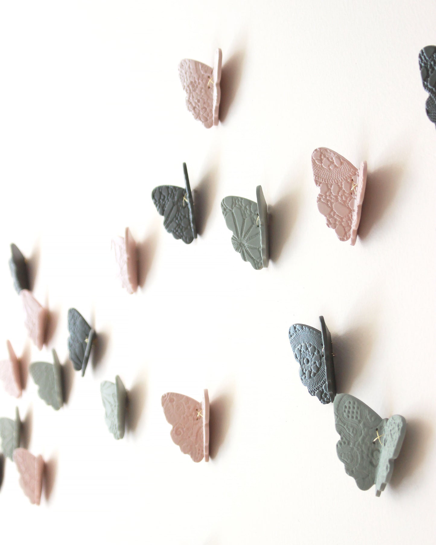 3D Lace Texture Porcelain Butterfly Wall Art Pink, Sage Green & Dark Olive Set of 30