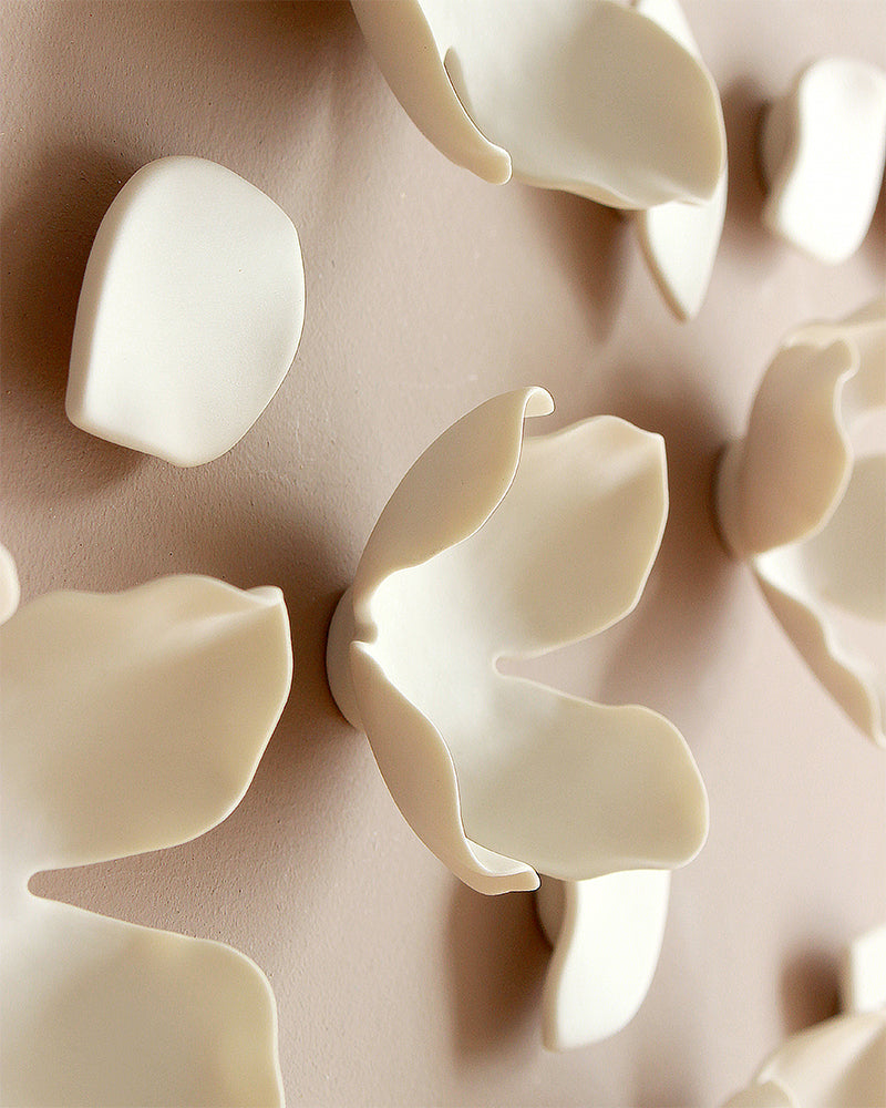 White Porcelain Flower and Petal Wall Sculpture - Handmade Ceramic Garland and Blossom set of 55
