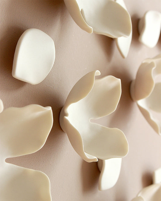 White Porcelain Flower and Petal Wall Sculpture - Handmade Ceramic Garland and Blossom set of 55