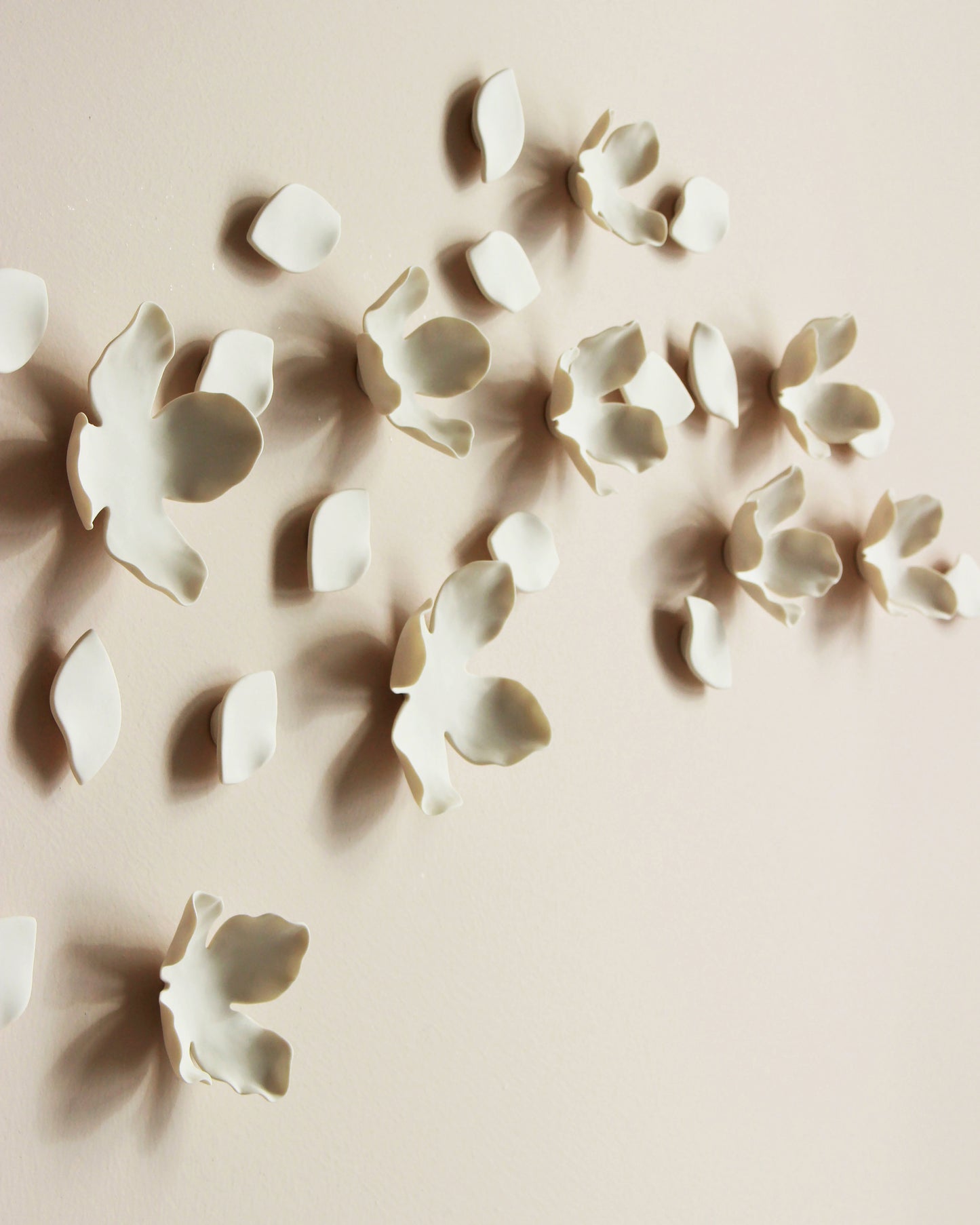 White Porcelain Flower and Petal Wall Sculpture - Handmade Ceramic Garland and Blossom set of 55