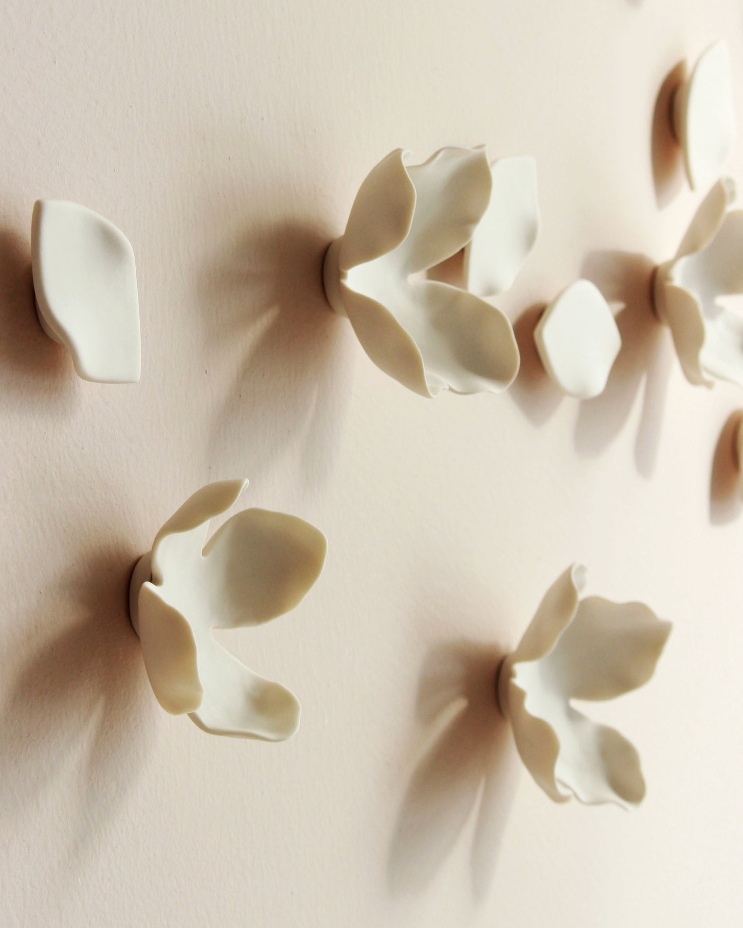 White Porcelain Flower and Petal Wall Sculpture - Handmade Ceramic Garland and Blossom set of 55