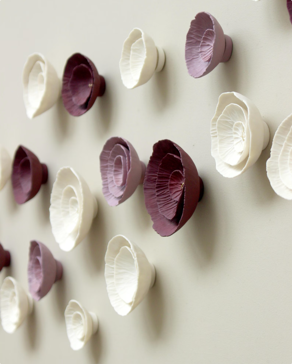 Floralia - Ceramic wall art sculpture in deep blackberry burgundy, lilac and natural white porcelain