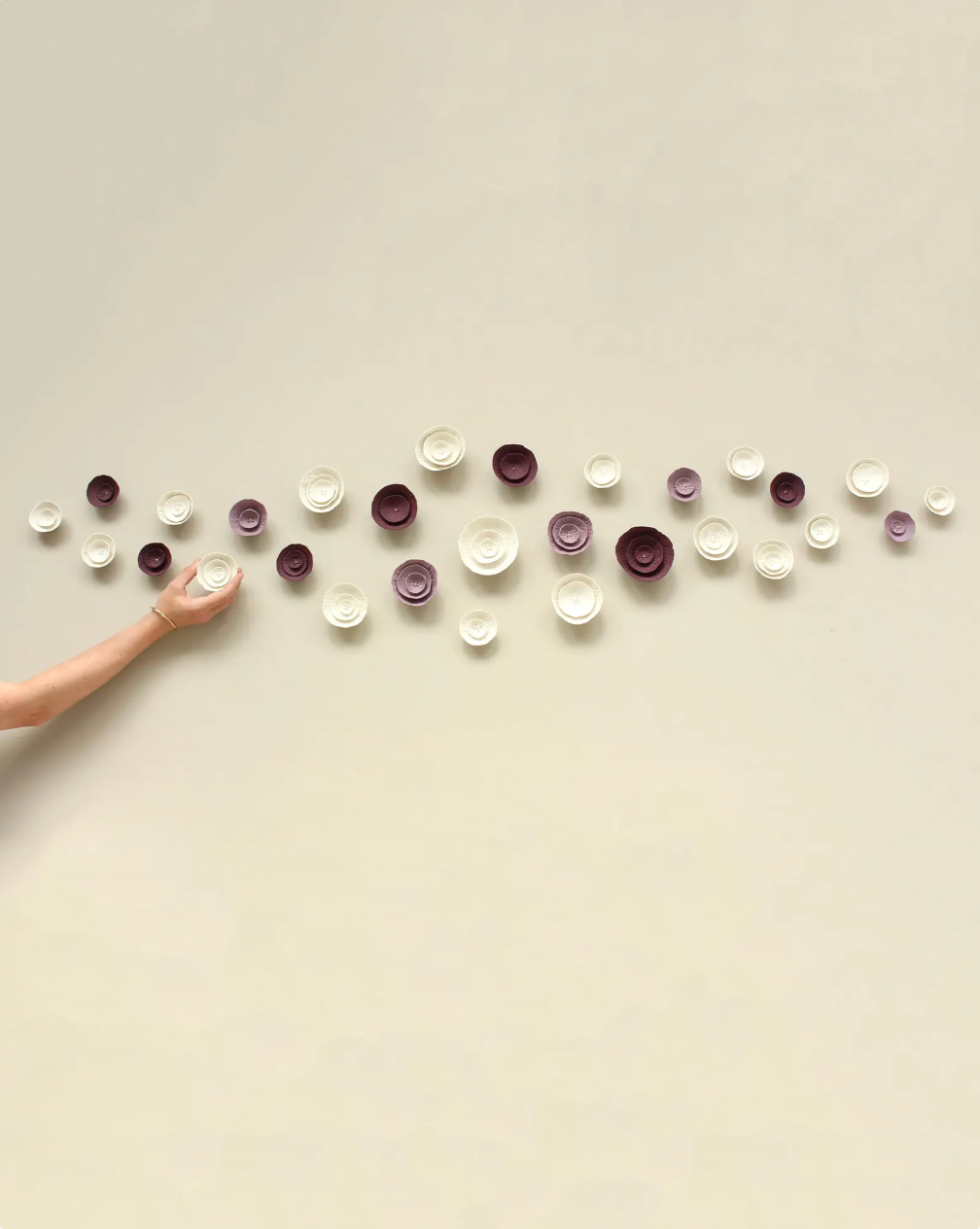 Floralia - Ceramic wall art sculpture in deep blackberry burgundy, lilac and natural white porcelain