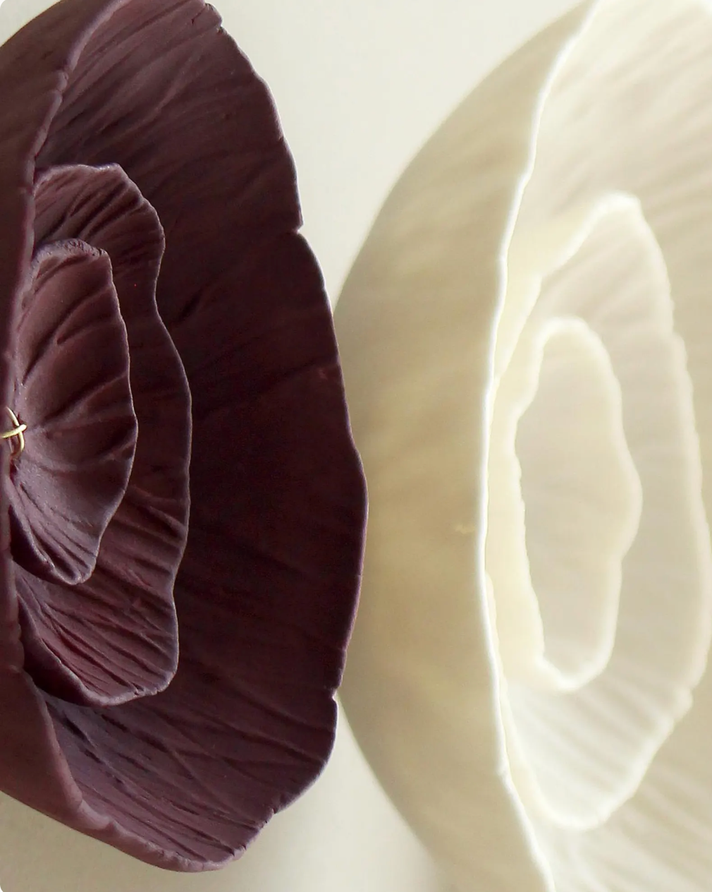 Floralia - Ceramic wall art sculpture in deep blackberry burgundy, lilac and natural white porcelain