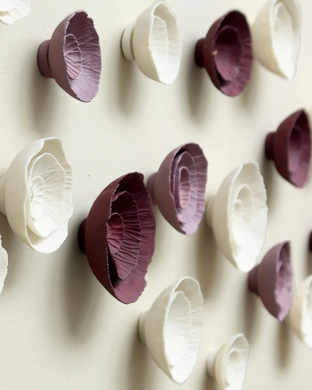 Floralia - Ceramic wall art sculpture in deep blackberry burgundy, lilac and natural white porcelain