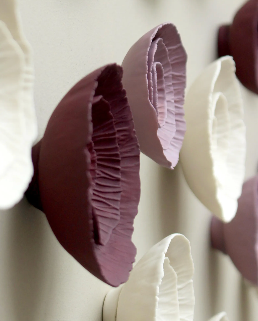 Floralia - Ceramic wall art sculpture in deep blackberry burgundy, lilac and natural white porcelain