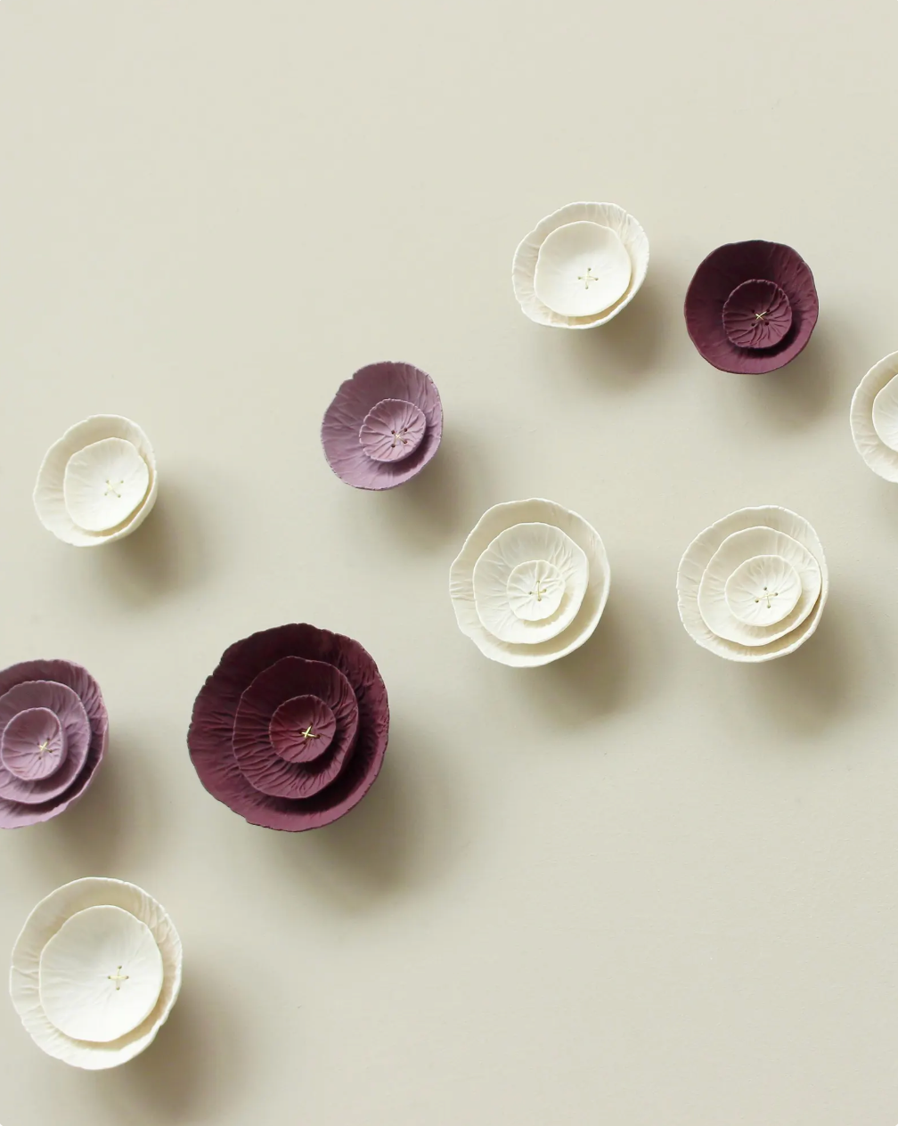 Floralia - Ceramic wall art sculpture in deep blackberry burgundy, lilac and natural white porcelain