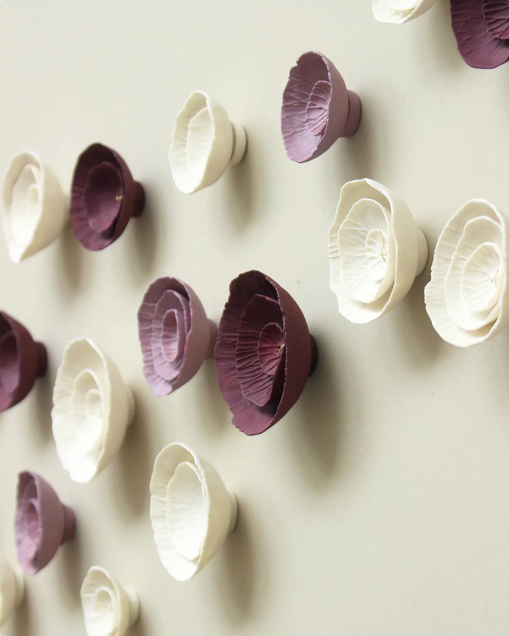 Floralia - Ceramic wall art sculpture in deep blackberry burgundy, lilac and natural white porcelain