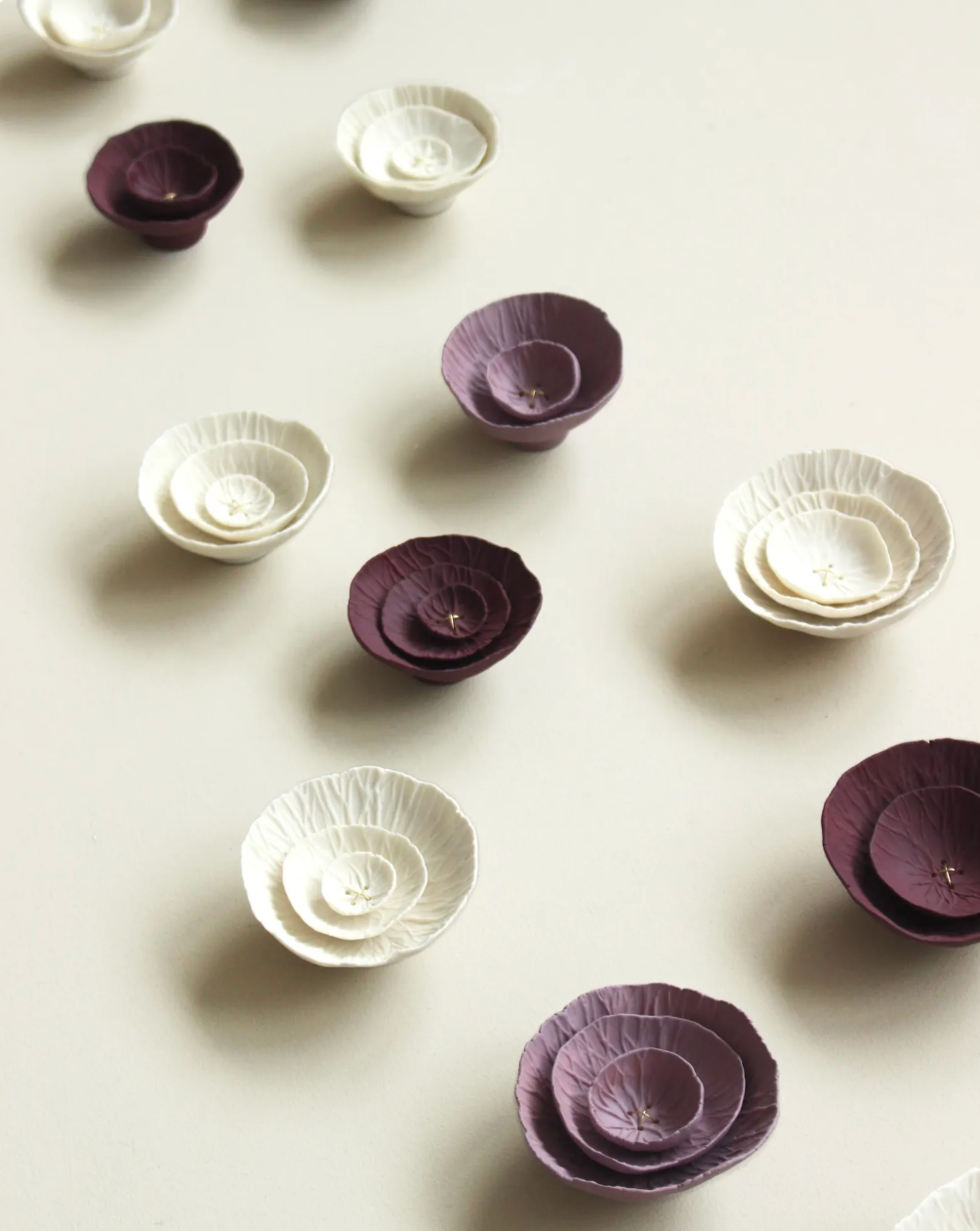 Floralia - Ceramic wall art sculpture in deep blackberry burgundy, lilac and natural white porcelain