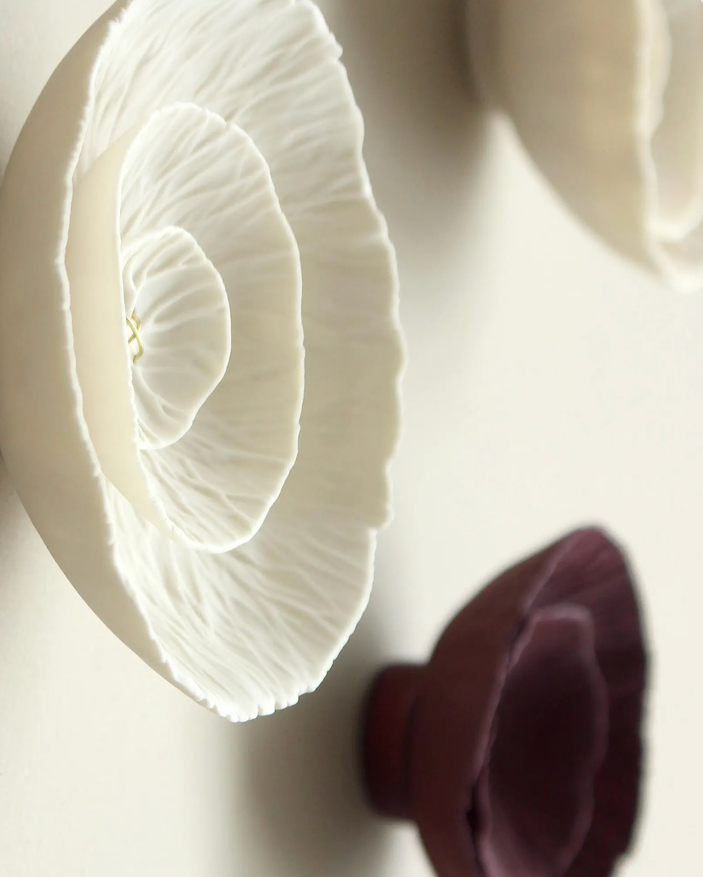 Floralia - Ceramic wall art sculpture in deep blackberry burgundy, lilac and natural white porcelain