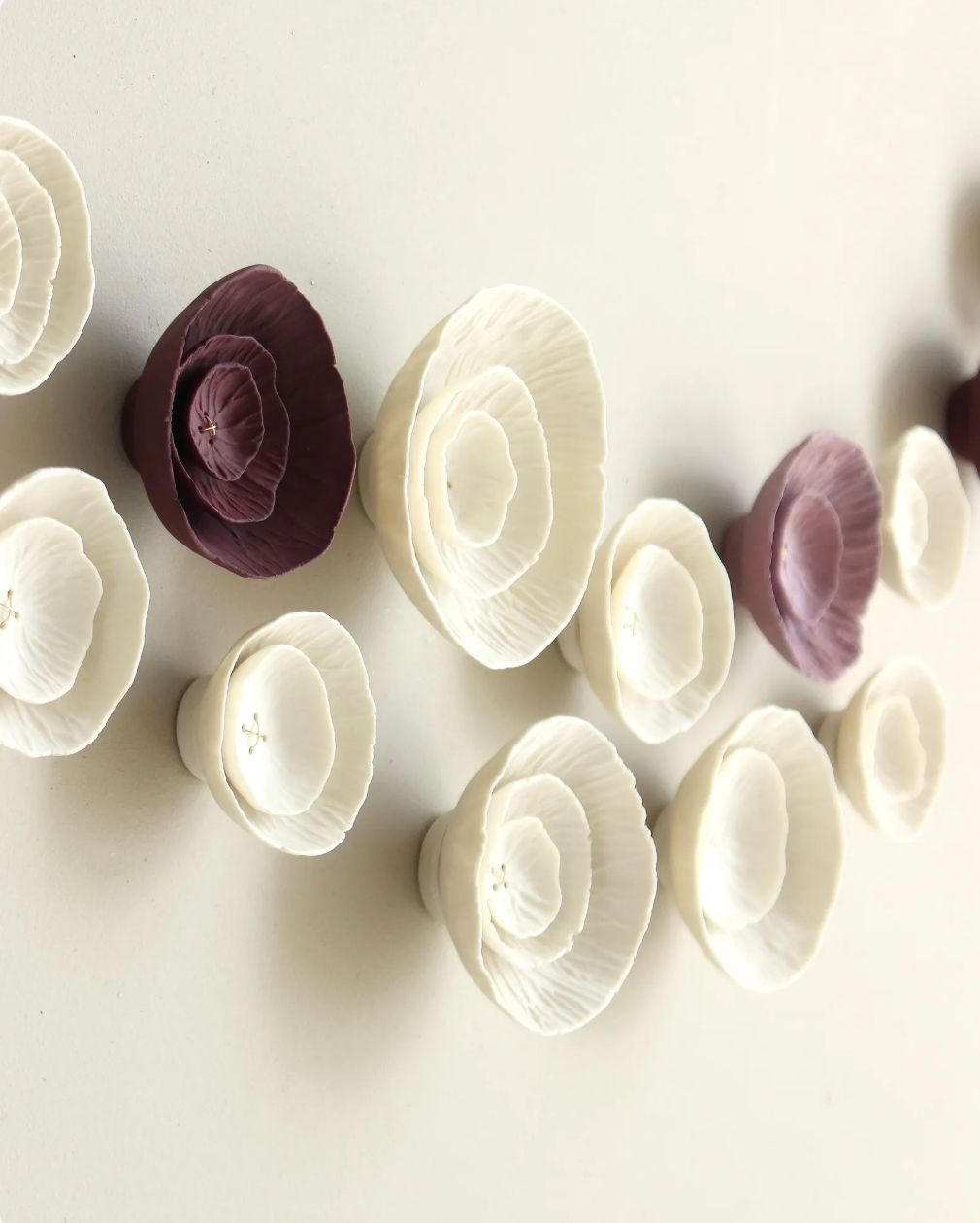Floralia - Ceramic wall art sculpture in deep blackberry burgundy, lilac and natural white porcelain