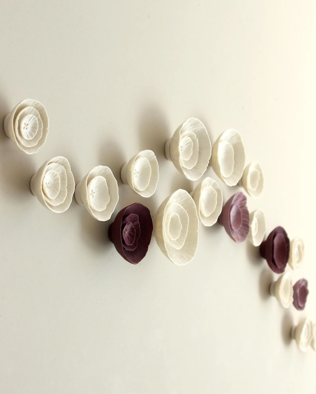 Floralia - Ceramic wall art sculpture in deep blackberry burgundy, lilac and natural white porcelain