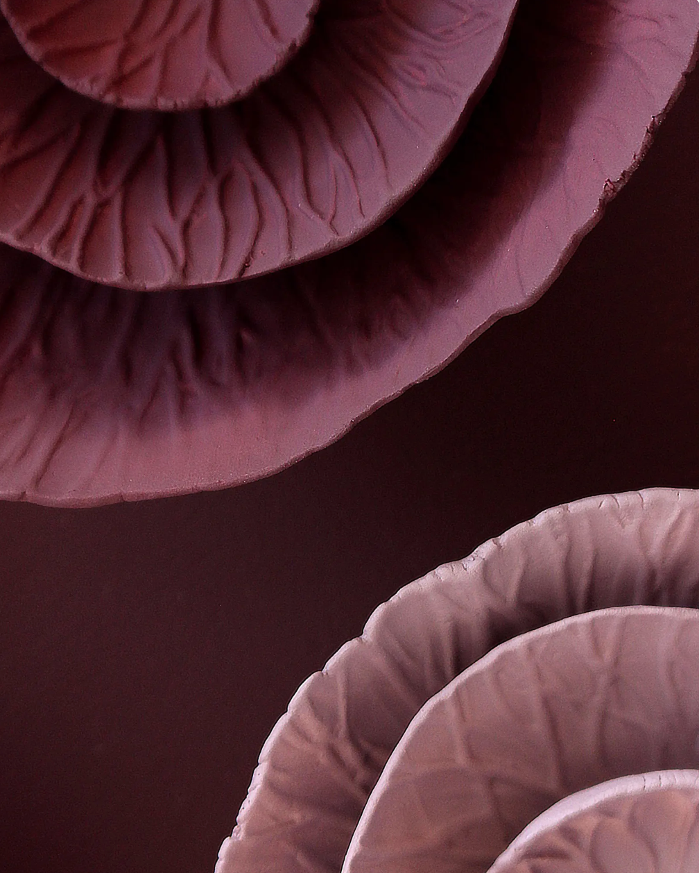 Floralia - Ceramic wall art sculpture in deep blackberry burgundy, lilac and natural white porcelain
