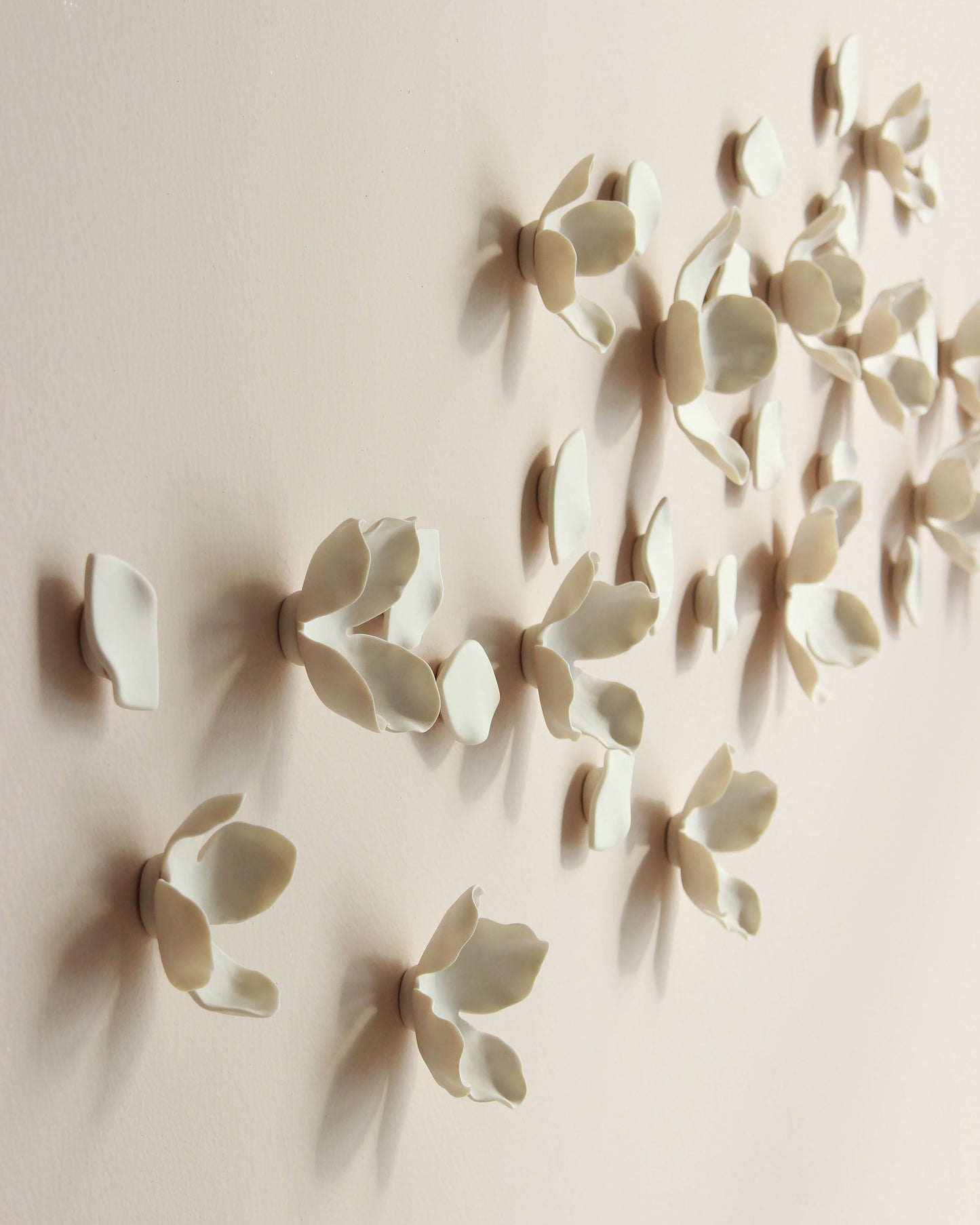 White Porcelain Flower and Petal Wall Sculpture - Handmade Ceramic Garland and Blossom set of 55