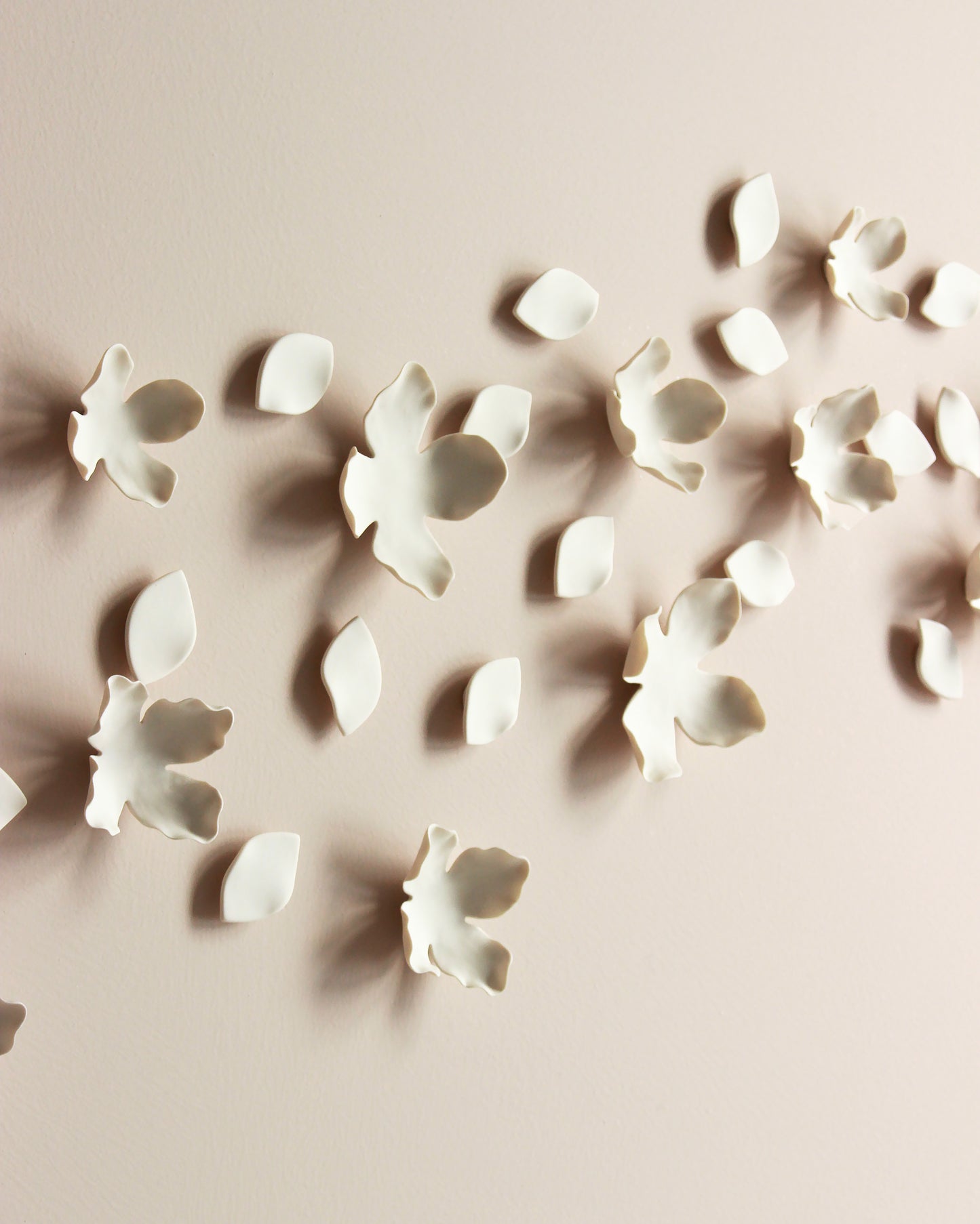 White Porcelain Flower and Petal Wall Sculpture - Handmade Ceramic Garland and Blossom set of 55