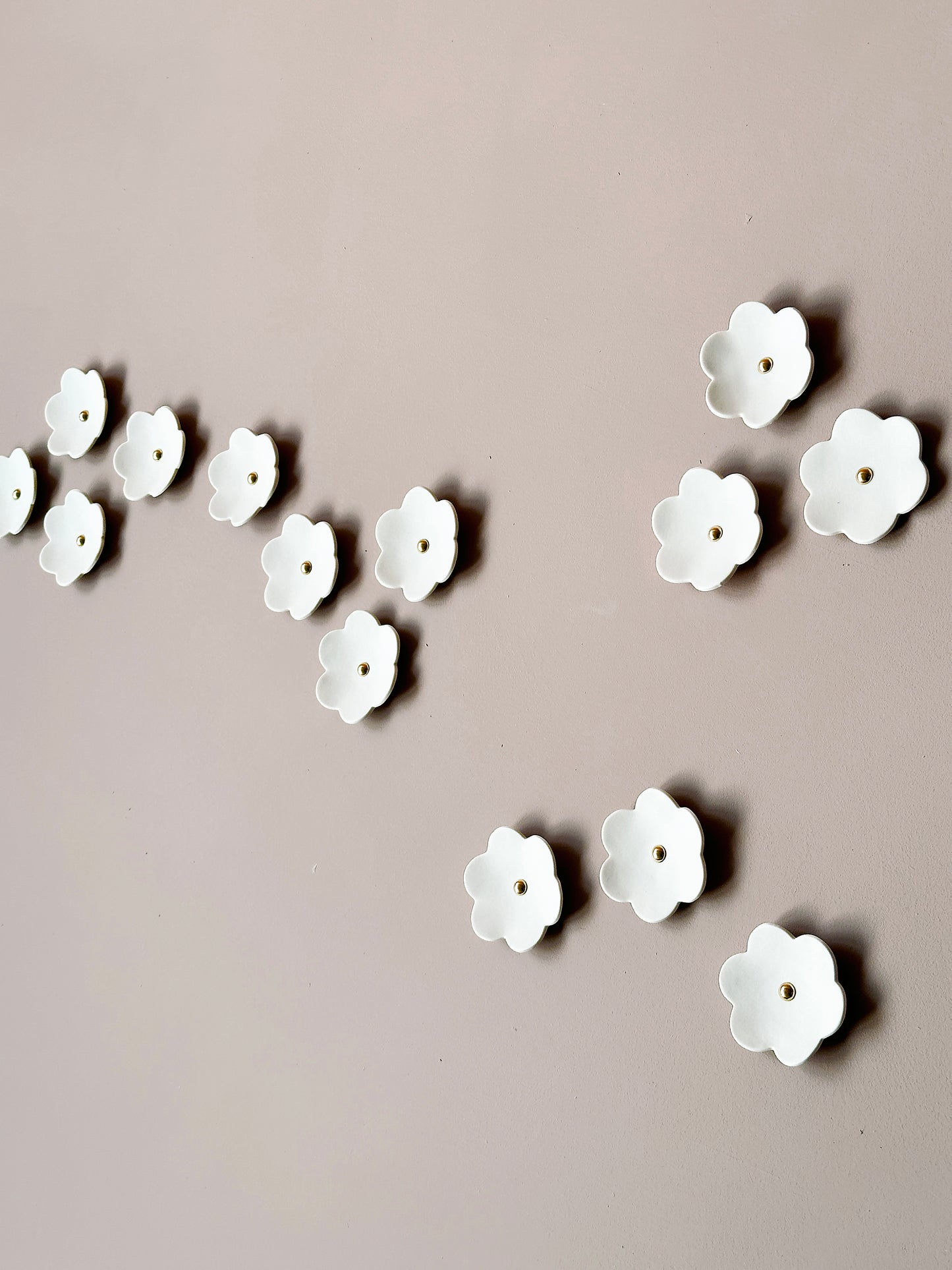 Cherry Blossom - 15 white porcelain wall art flowers with golden studded centres