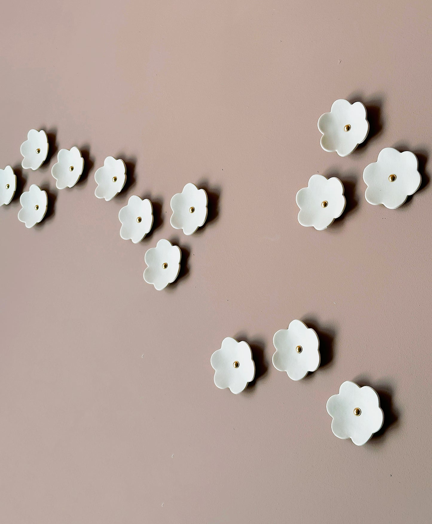 Cherry Blossom - 15 white porcelain wall art flowers with golden studded centres