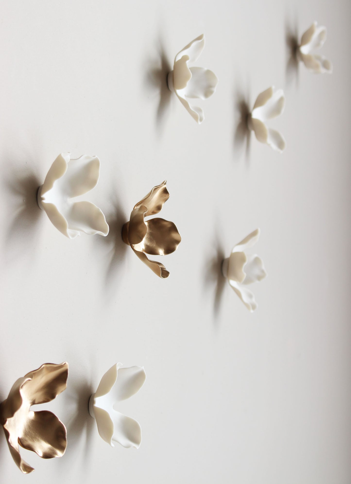 Original ceramic wall artwork 3D wall art sculpture 24 white porcelain gold flowers Modern Japandi Floral decor quiet luxury