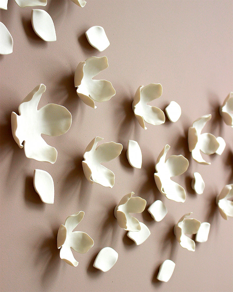 White Porcelain Flower and Petal Wall Sculpture - Handmade Ceramic Garland and Blossom set of 55