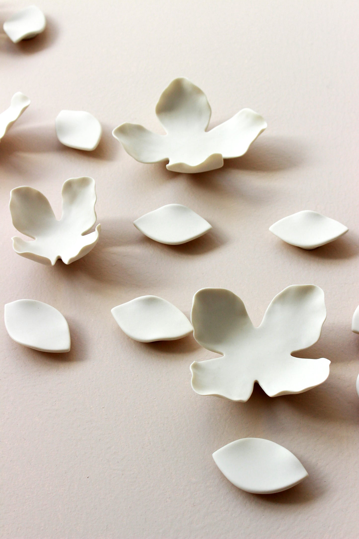 White Porcelain Flower and Petal Wall Sculpture - Handmade Ceramic Garland and Blossom set of 55