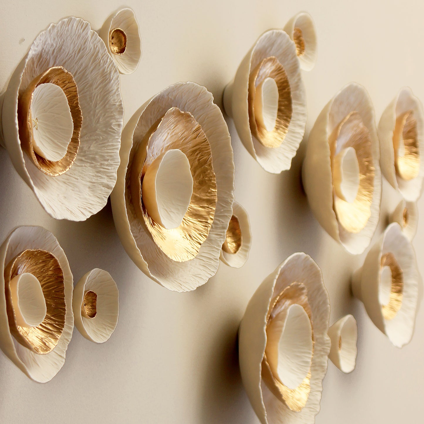 Flora XL 3 Dimensional wall art sculpture White and gold layered porcelain Unique abstract handmade artwork Luxury decor Modern fine art