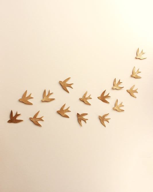 Swallows in the Sahara Gold Ceramic Swallow Wall Art, Set of 15, Handmade Pottery