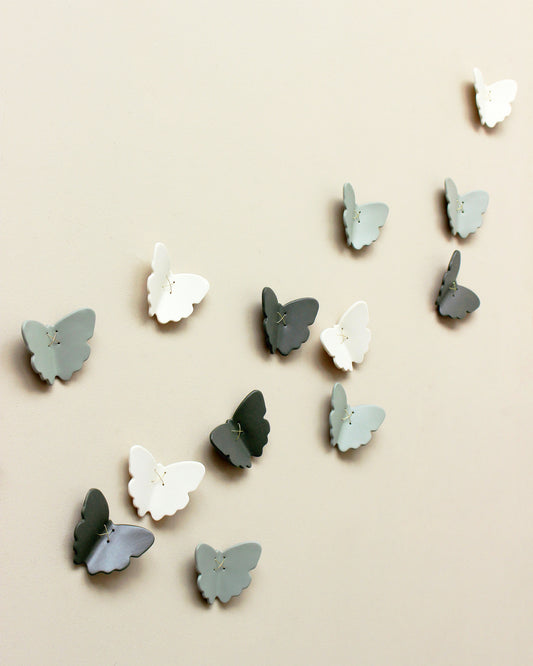 3D Set of 22 Ceramic Butterflies Finished in a Mix of Light Green, Dark Olive and White Porcelain
