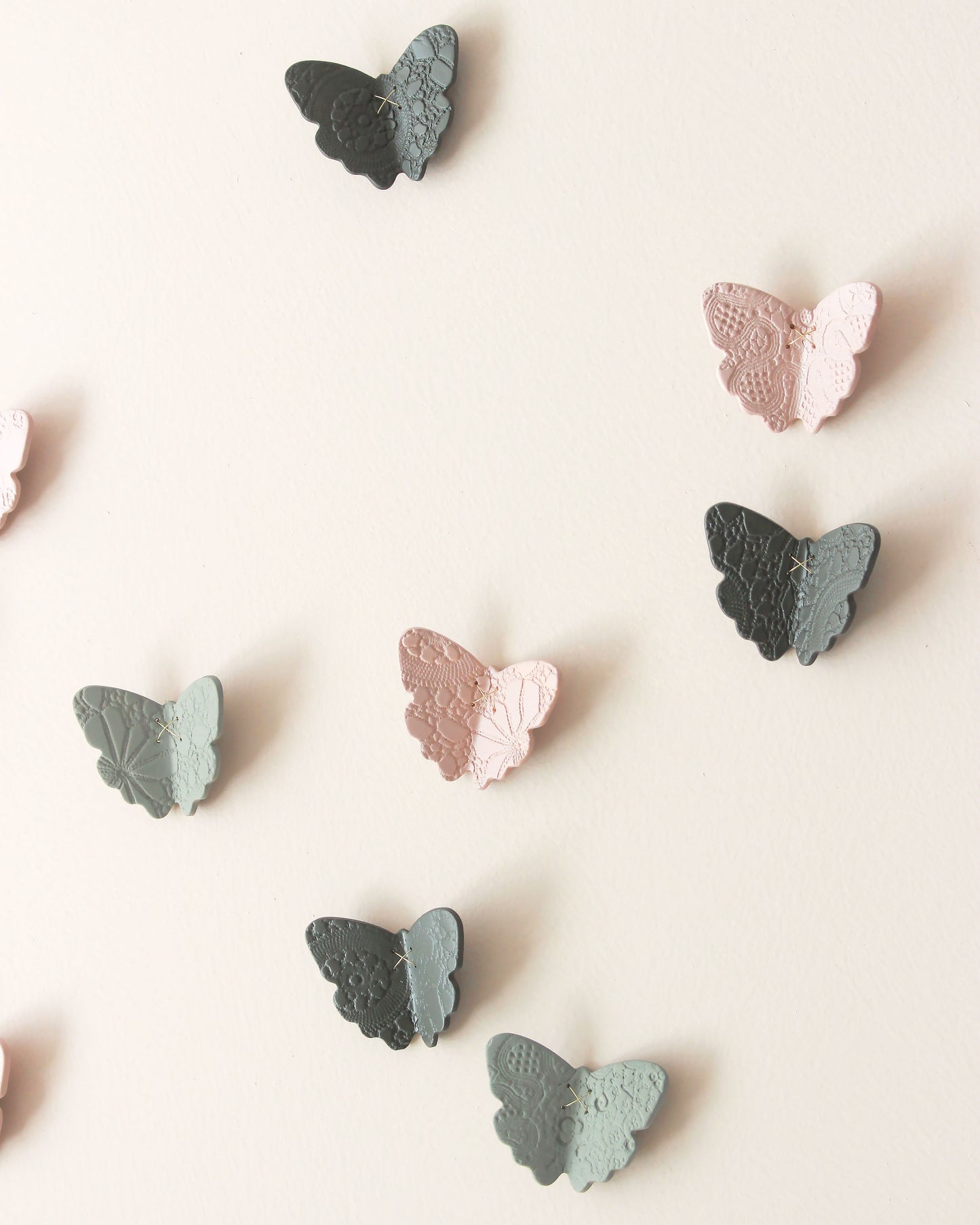 3D Lace Texture Porcelain Butterfly Wall Art Pink, Sage Green & Dark Olive Set of 30