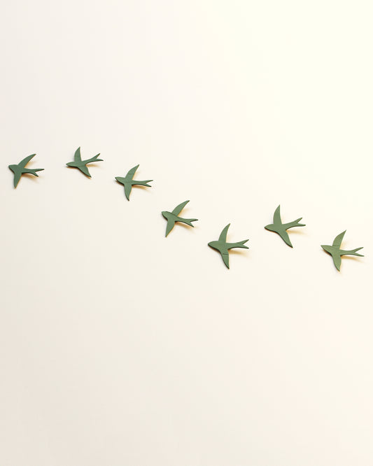 Original Wall art, Green Porcelain Swallows Set of 7, Modern Ceramic Birds