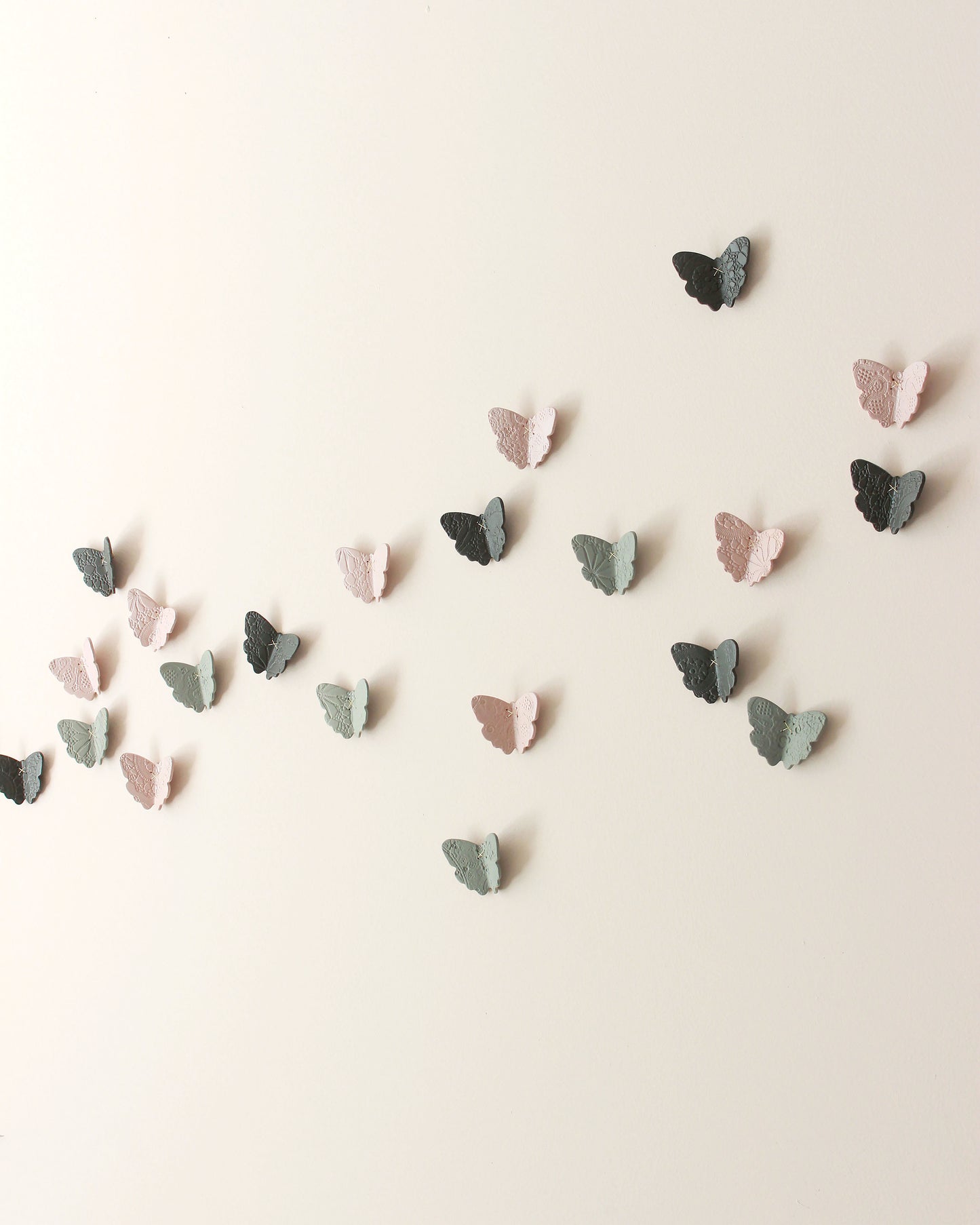 3D Lace Texture Porcelain Butterfly Wall Art Pink, Sage Green & Dark Olive Set of 30