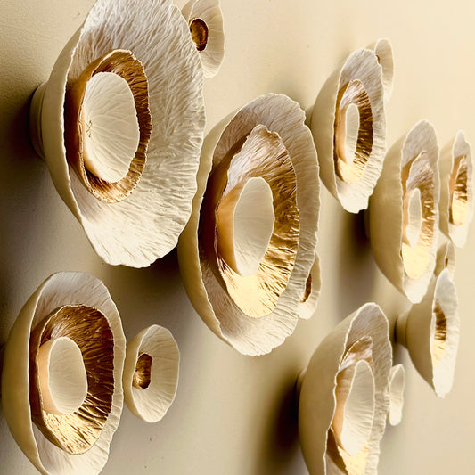 Flora XL 3 Dimensional wall art sculpture White and gold layered porcelain Unique abstract handmade artwork Luxury decor Modern fine art