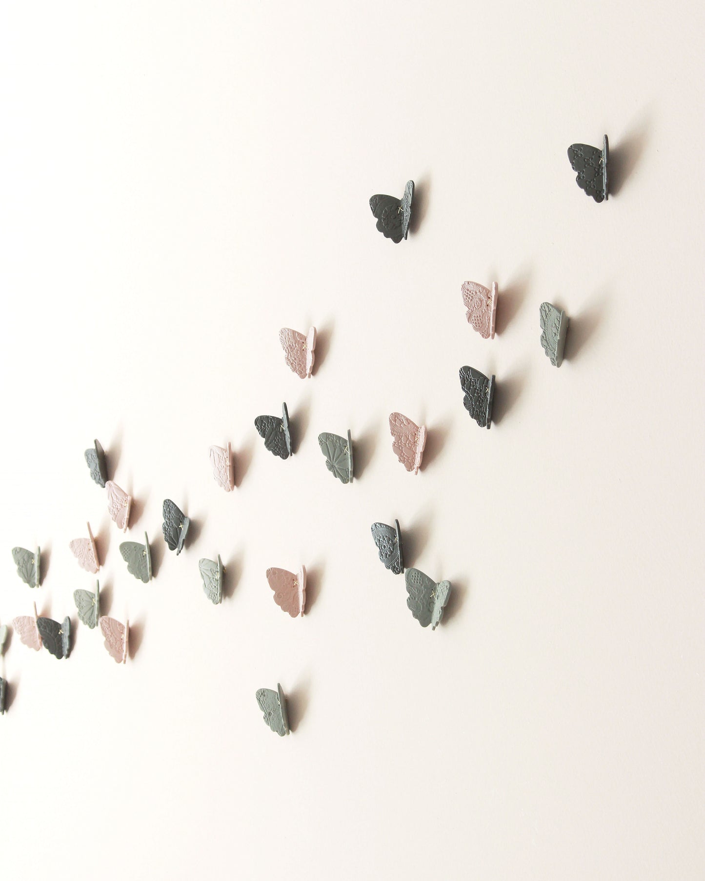 3D Lace Texture Porcelain Butterfly Wall Art Pink, Sage Green & Dark Olive Set of 30
