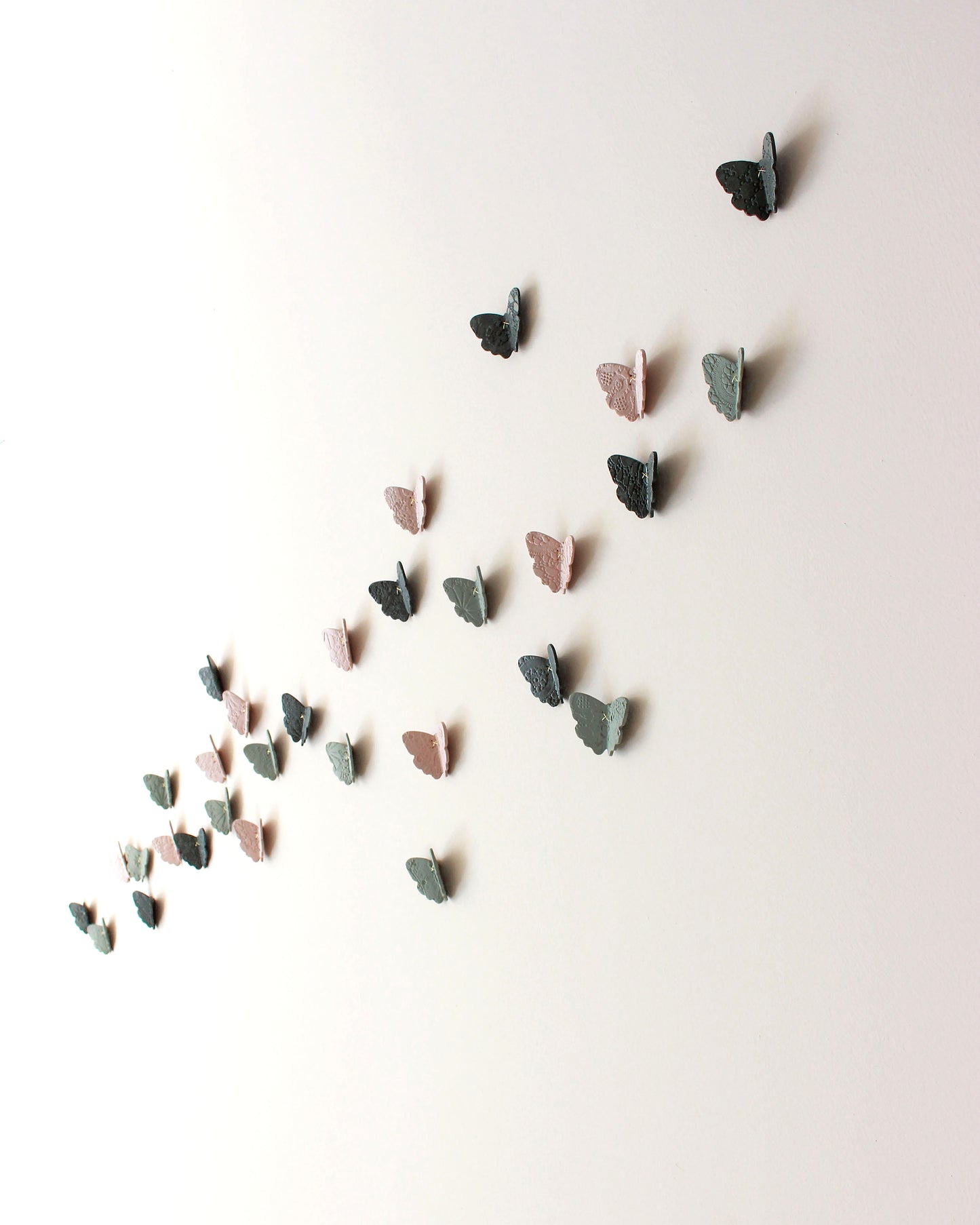 3D Lace Texture Porcelain Butterfly Wall Art Pink, Sage Green & Dark Olive Set of 30