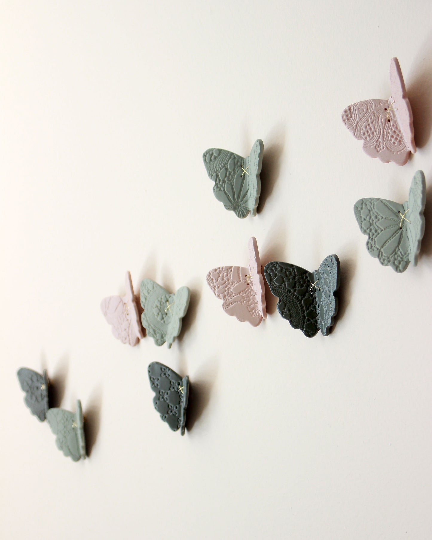 3D Lace Texture Porcelain Butterfly Wall Art Pink, Sage Green & Dark Olive Set of 30