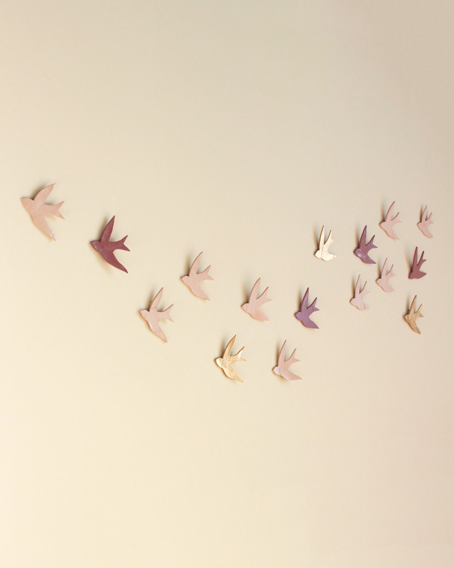 Wall sculpture art - Swallows at Dusk - 16 Pink & Gold Handmade Porcelain birds