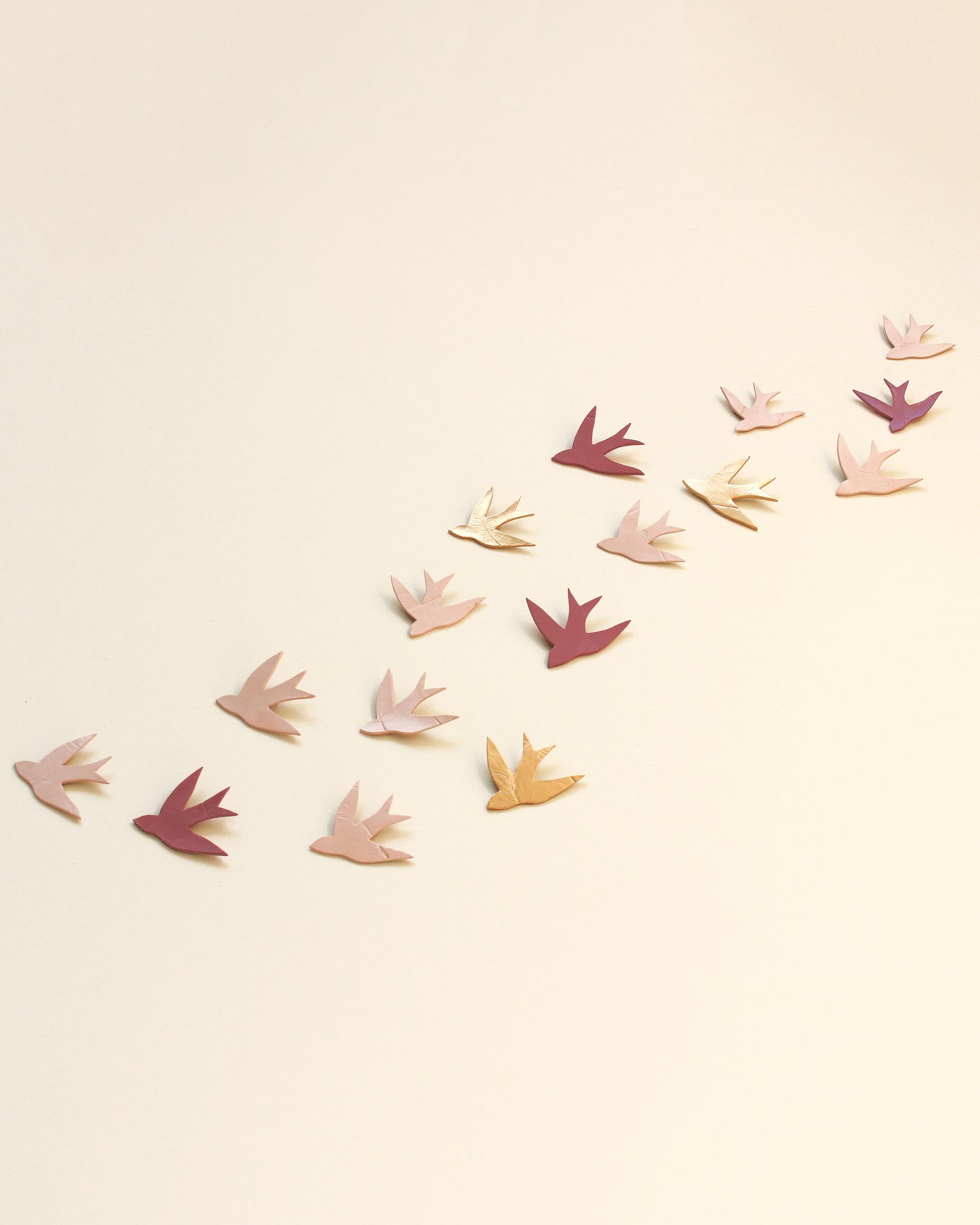 Wall sculpture art - Swallows at Dusk - 16 Pink & Gold Handmade Porcelain birds