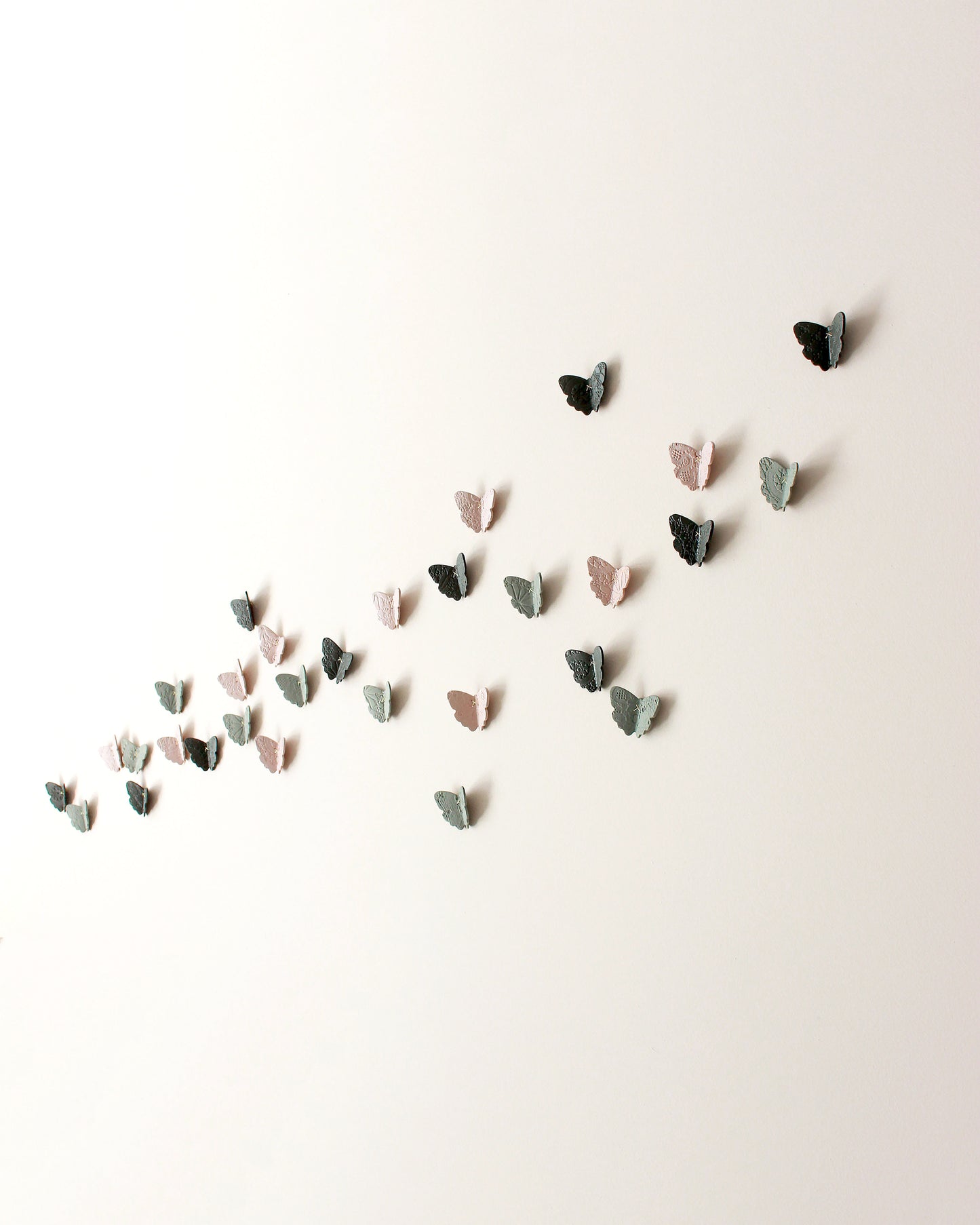 3D Lace Texture Porcelain Butterfly Wall Art Pink, Sage Green & Dark Olive Set of 30