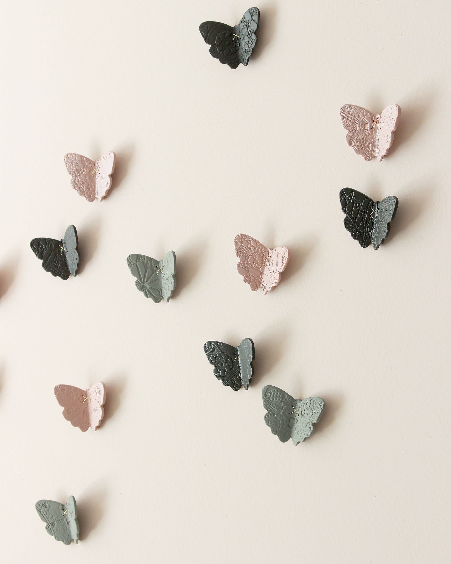 3D Lace Texture Porcelain Butterfly Wall Art Pink, Sage Green & Dark Olive Set of 30